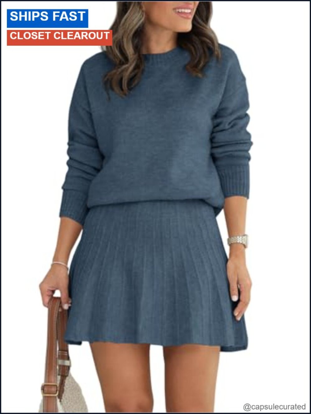 Women's 2 Piece Skirt Set Knit Sweater Top Pleated Mini Skirt Fall Winter